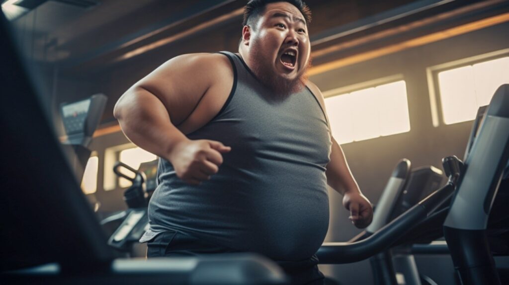 太っている人がランニングマシンでトレーニングをしている画像